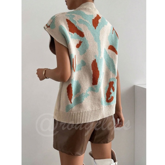 Knit Sleeveless Vest V-Neck Graphic Abstract Pattern Beige Oversized Loose Fit - Picture 3 of 11